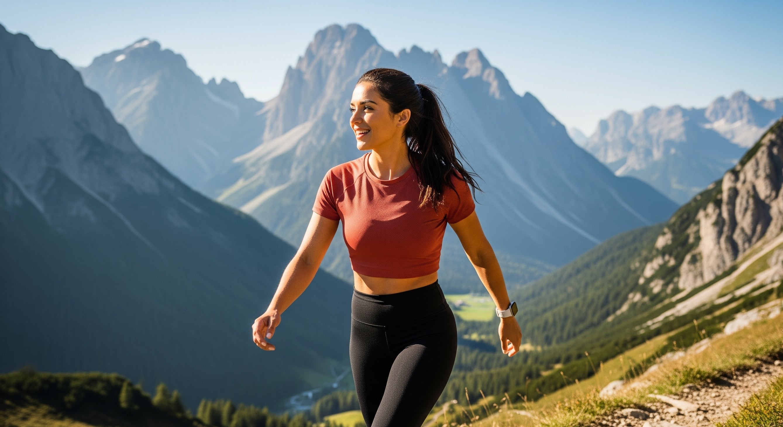 Woman in athletic wear standing on a mountain trail with scenic mountains in the background powered by Holte NAD Plus and the NAD Pen